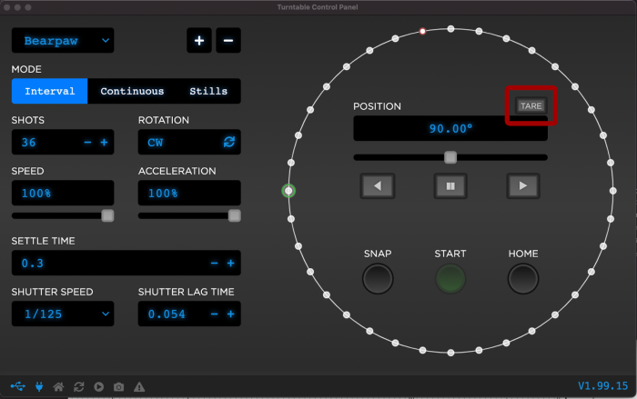 The TurntableControl software and the Tare (0º) botton highlighted